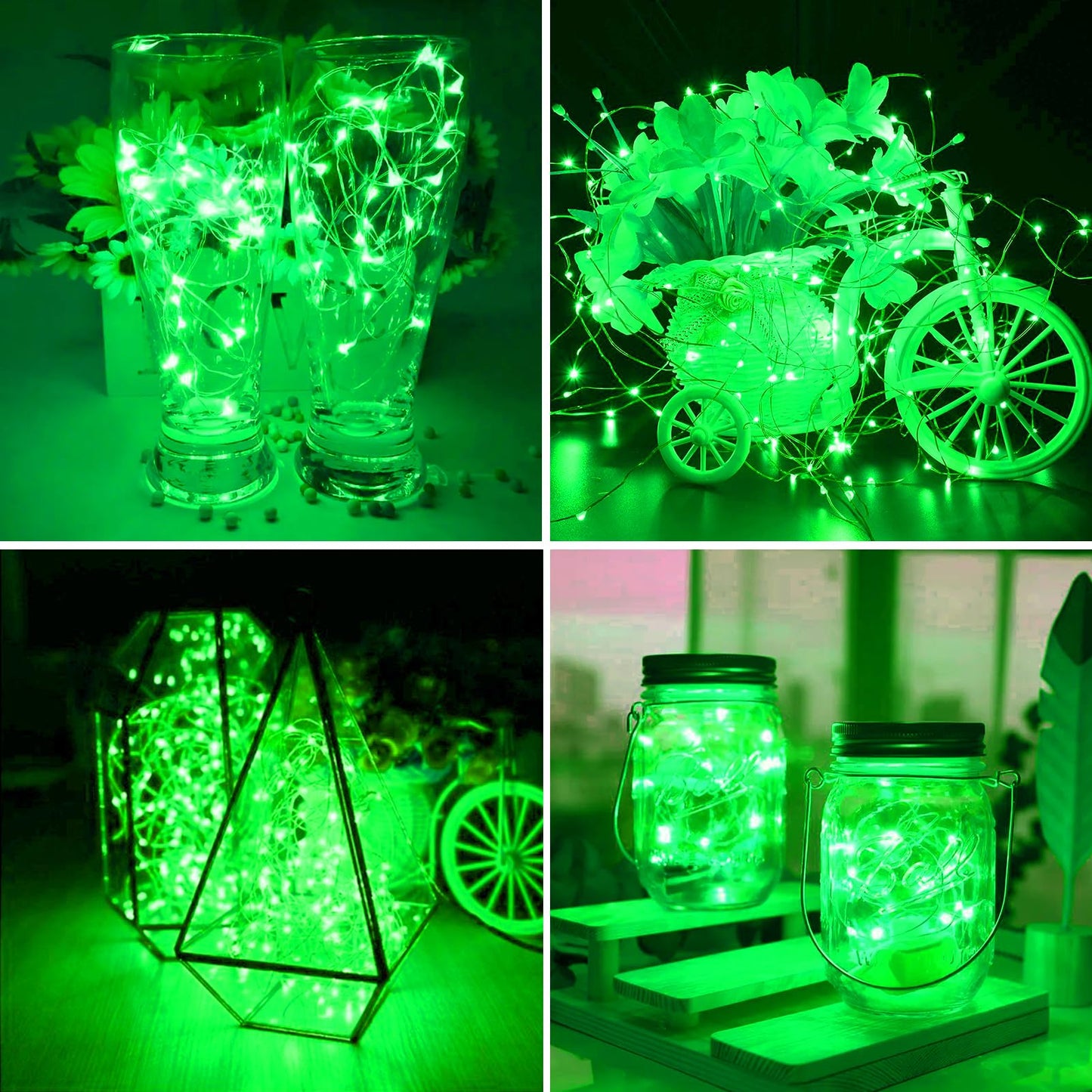 ZGWJ 8 Pack Fairy Lights, 7ft Mini LED String Lights, Battery Operated, Silver Wire, 3 Modes, Green, Model D2-2MXD-8GN