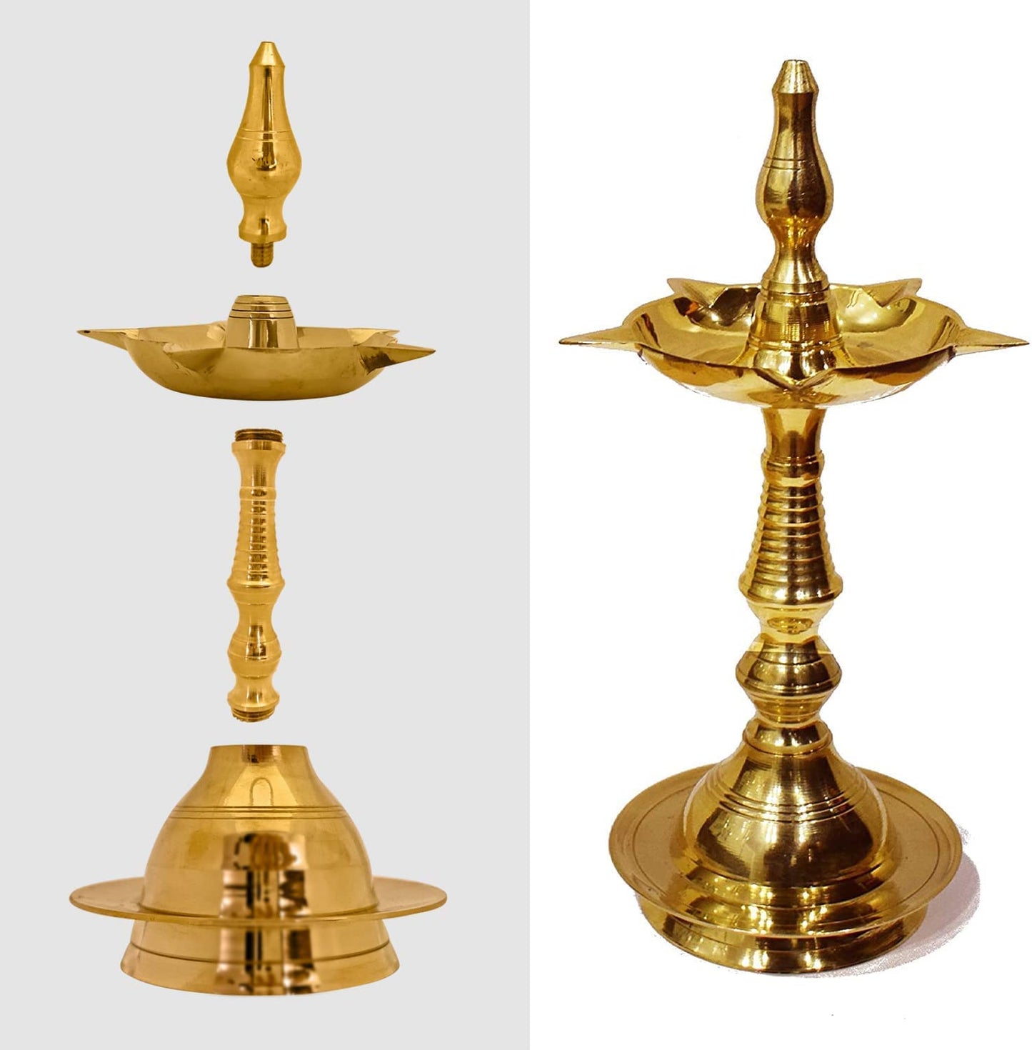 Craftsman 13 Inch Brass Kutthu Vilakku Oil Lamp, Engraved Design, Gold, Kerala Aarti Diya, Traditional Pooja Item