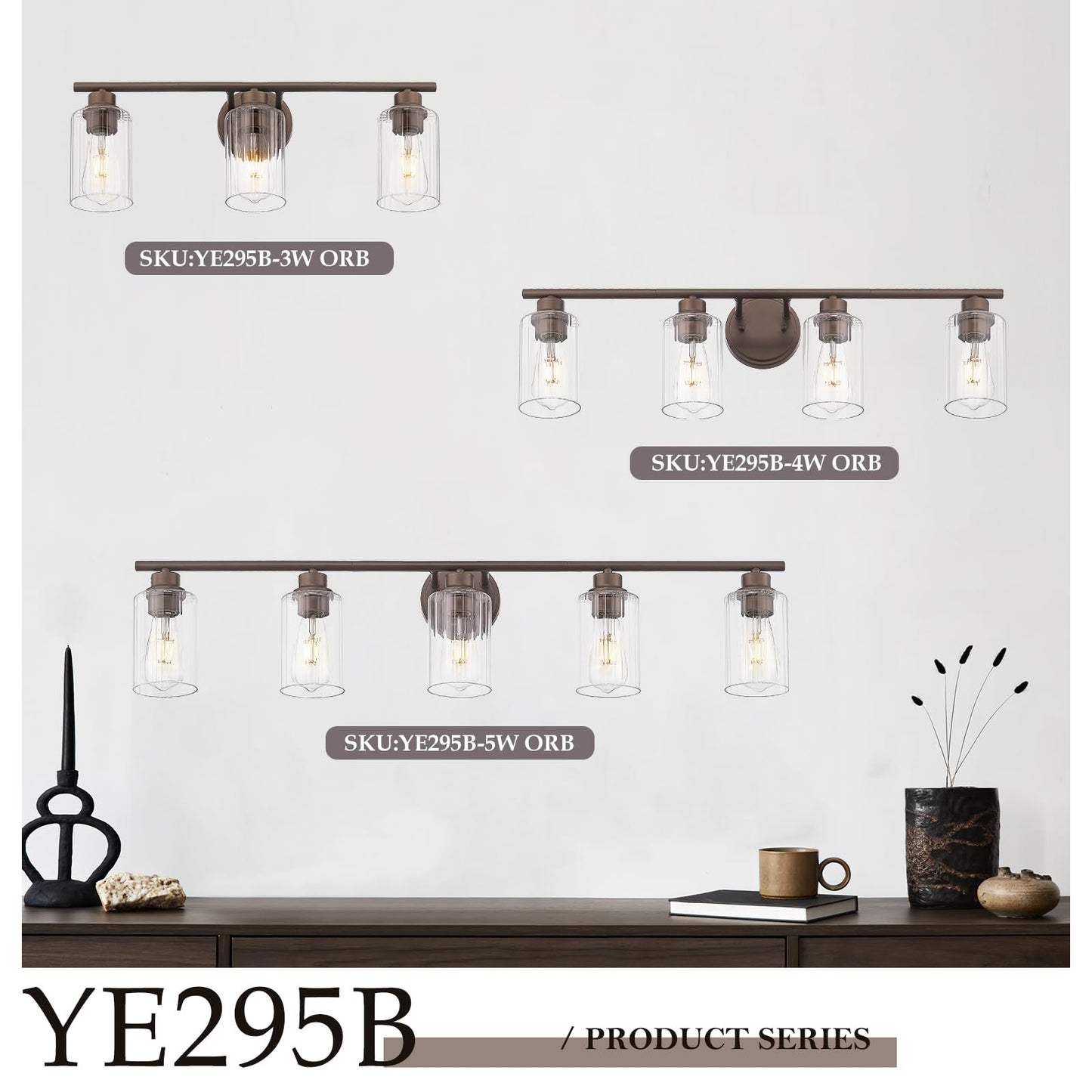 Emliviar Rustic Vanity Light Fixture, 5-Light - 40 Inch, Fluted Ripple Glass, Oil Rubbed Bronze Finish, Model YE295B