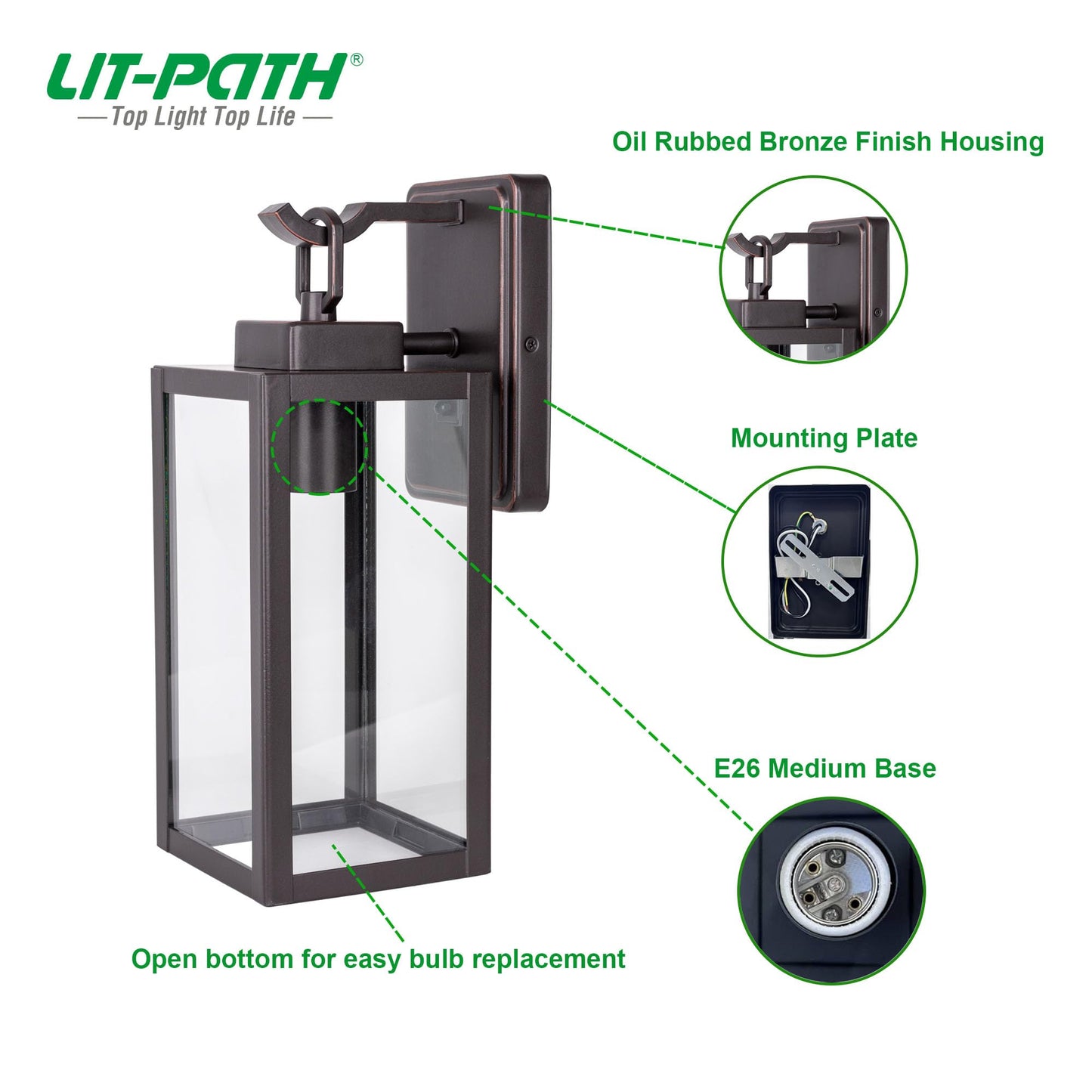 LIT-PaTH Outdoor Wall Lantern, E26 Max 60W, Anti-Rust Metal, Glass Shade, Oil Rubbed Bronze, Model LT-WL025, 1-Pack