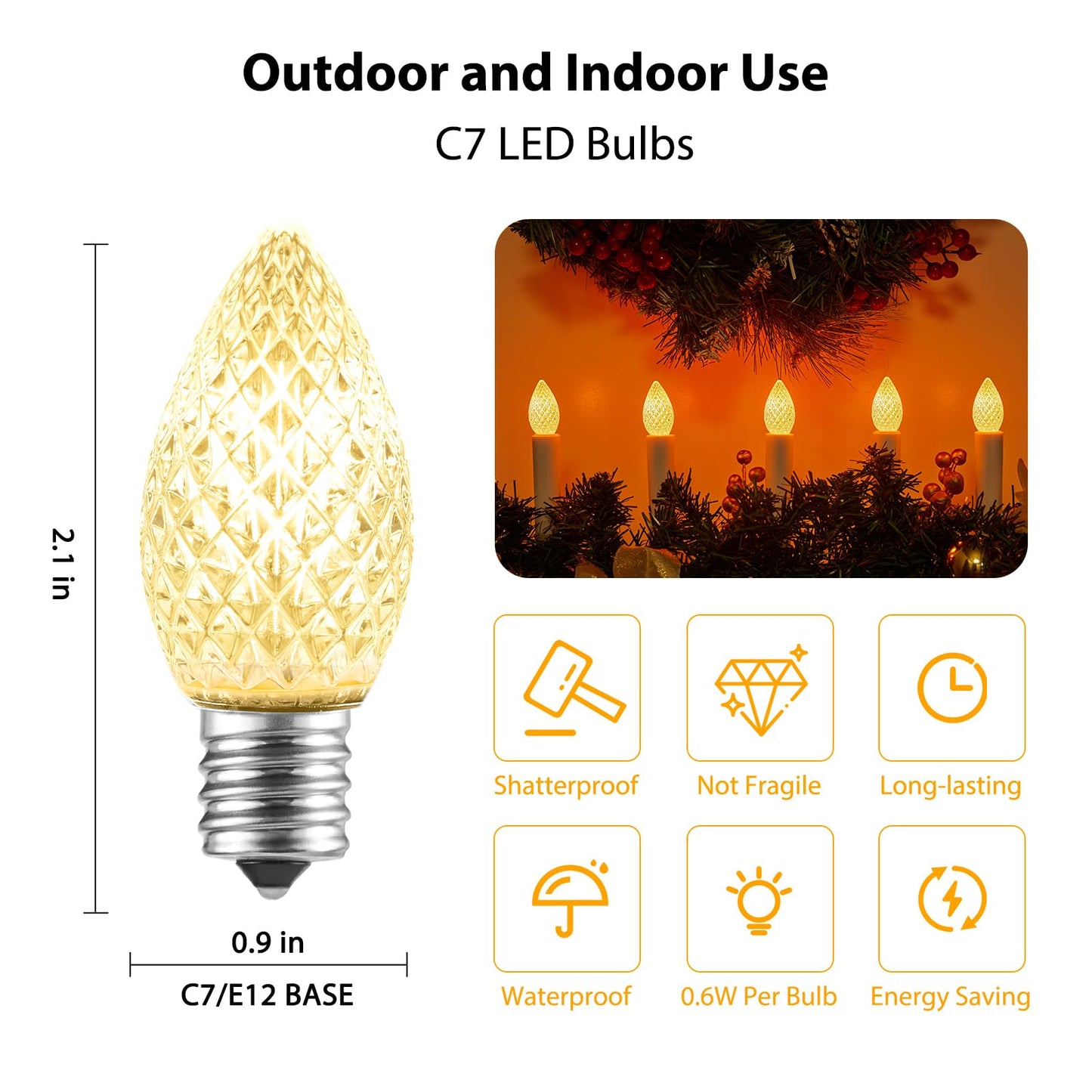 Minetom C7 LED Replacement Christmas Light Bulbs, Dimmable, Warm White, 25 Count, E12 Base