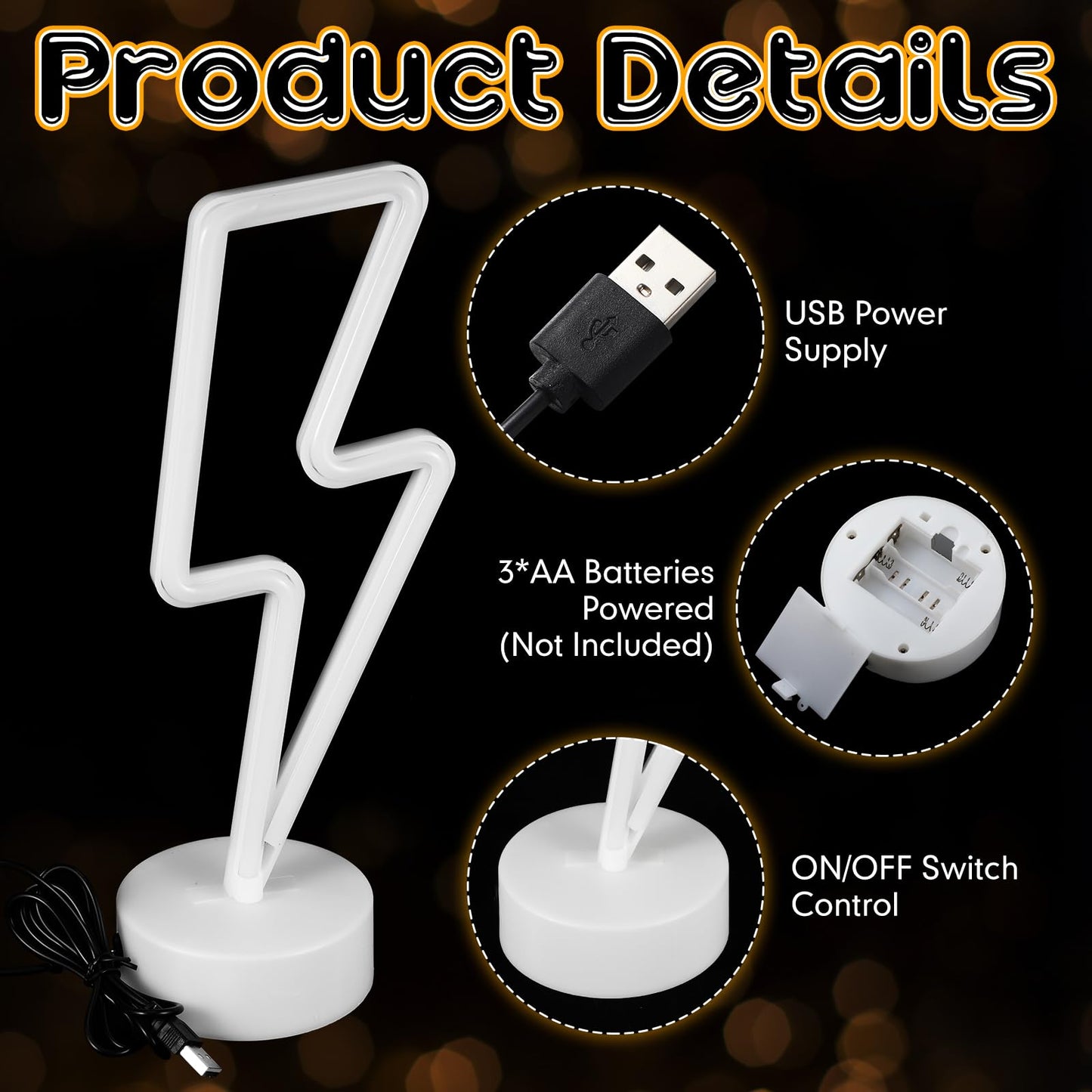Sieral Lightning Bolt Neon Sign LED Light with Base, USB/Battery Operated, Multi Colors, Model Sieral-Neon Signs-05