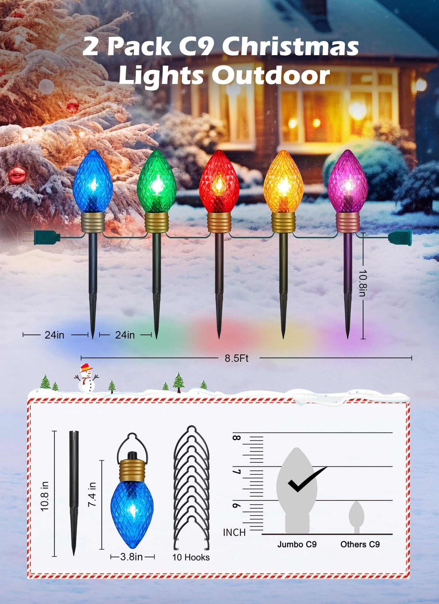 Minetom C9 Christmas Pathway Lights - 2 Pack Jumbo Multicolor, 10.5 Feet, Plastic, Model GY-C-50.6-U-B1
