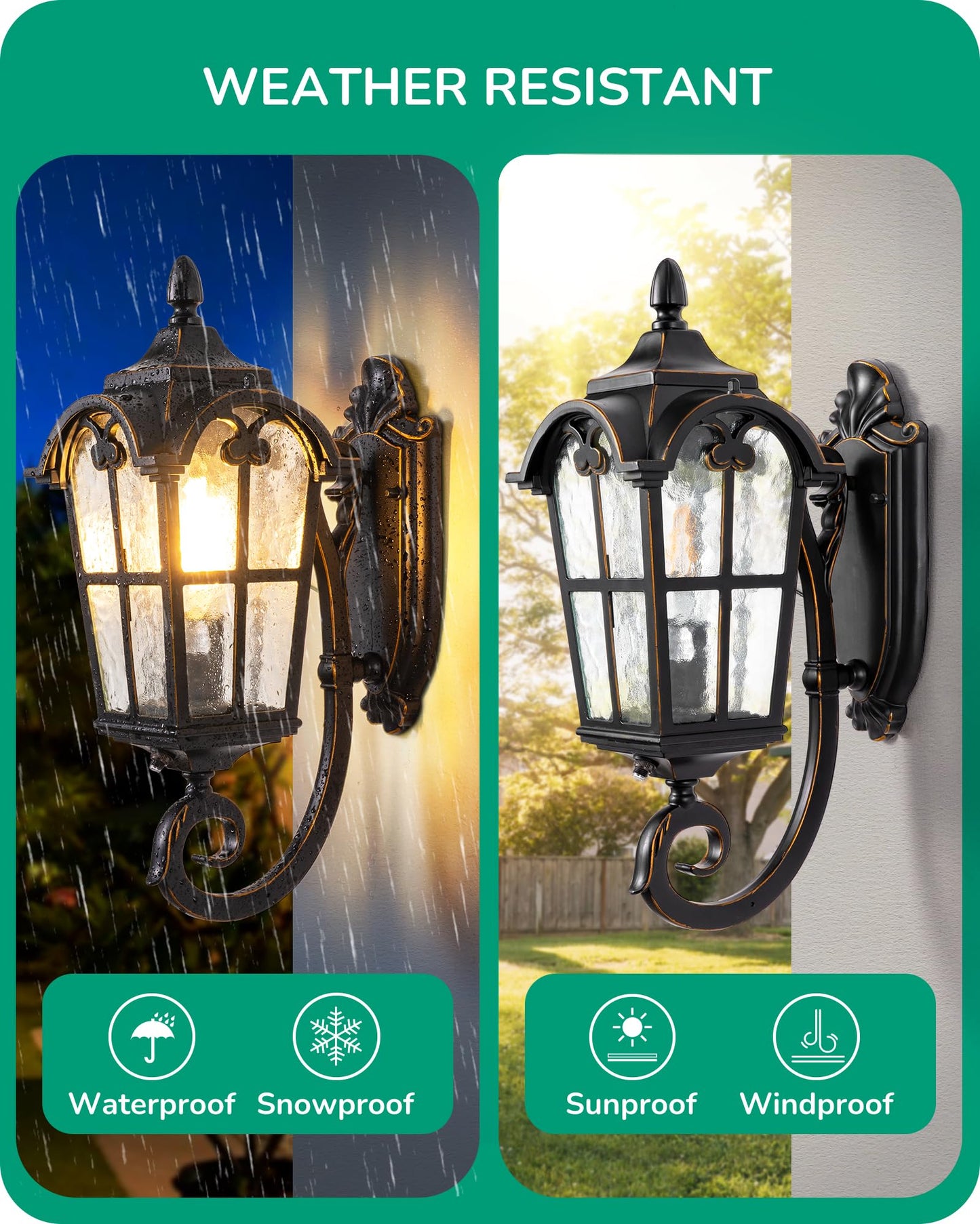 EDISHINE Dusk to Dawn Outdoor Wall Light Fixture, 17in Black Roman Lantern, Waterproof with Water Ripple Glass, Model HOWL06G