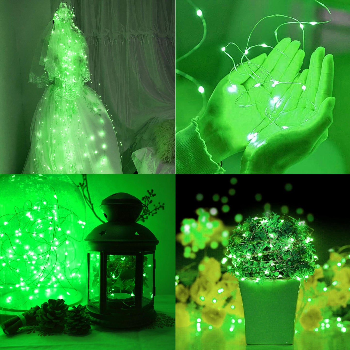 JUSTPRO Fairy Lights String Lights - 12 Pack, 7ft, 20 LED, Waterproof Silver Wire, Green, Model JK5876-12PK